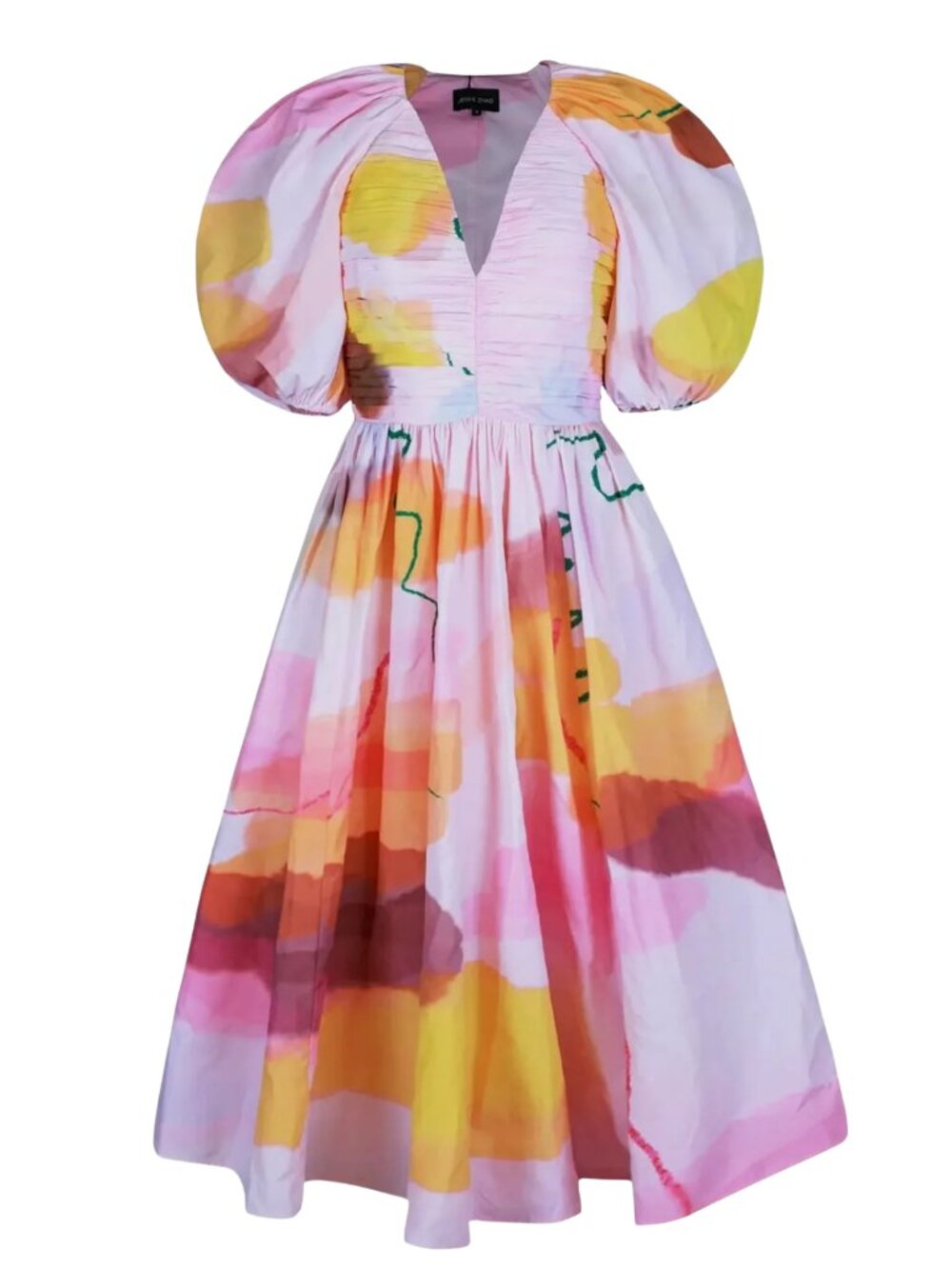 NWT Jessie Zhao Pink Floral Taffeta Midi Dress Pink Abstract Puff Sleeve Size 4